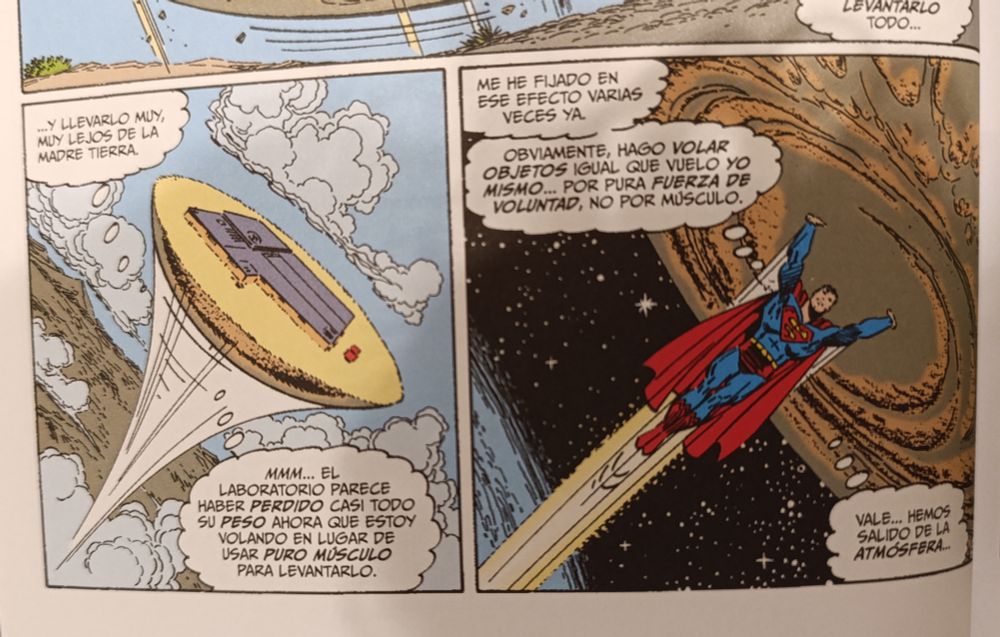 Superman explica en dos viñetas cómo cuando vuela, los objetos que sostiene pierden su peso, ya que los hace volar como vuela él, por fuerza de voluntad, y no usando ningún músculo