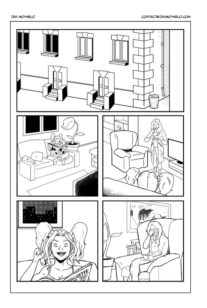 Five panel comic page. Harley Quinn is reading the Gotham Gazette when she gets a idea and tells it to Poison Ivy, who looks kind of fed up