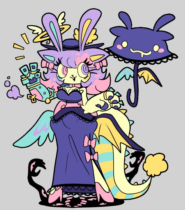 Beautiful and majestic Mary Sue from Gimmiko! The most perfect(?) lady in the whole universe! A furry bunny cat lady with a large fancy dark blue gown and a large dragon tail and wings, part angel, part demon, do you like her? Too late, you already answered, and you said yes.