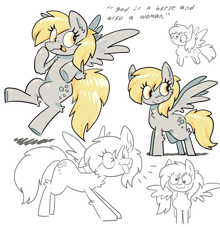 "Ditzy Doo" "Bubbles" "Derpy Hooves" "Muffins" from My Little Pony, Friendship is Magic
Seriously what is this pony's name?

"god is a horse and also a woman"