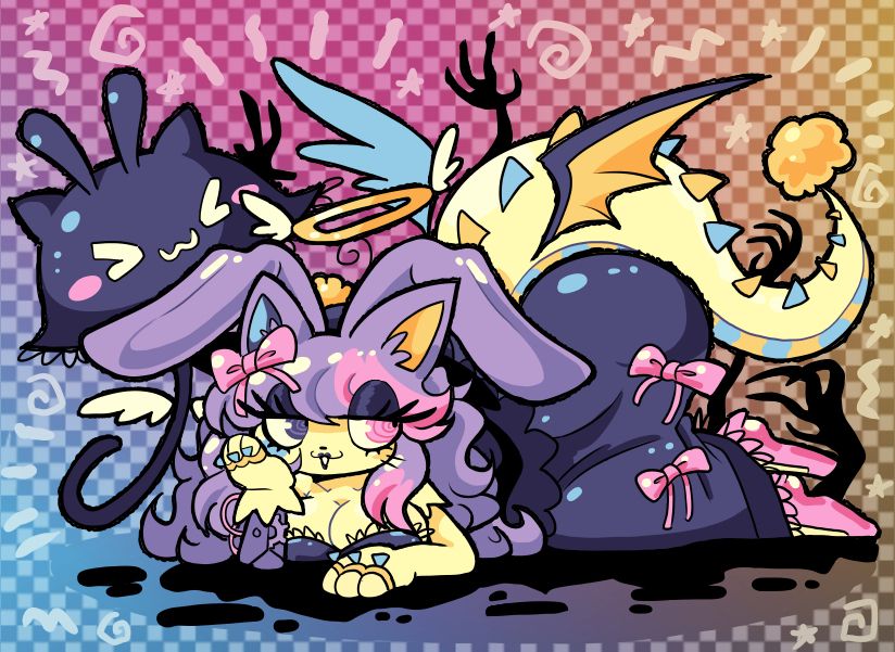 Bunny cat girl, with heterochromatic eyes, long purple hair with purple ends on it, a dark blue long dress and hat, a big... Mysterious tail, a robot arm, wings on her bottom, a shiny halo, wedding rings on all of her fingers, various ribbons, and a shadow with dark hands coming out of it, as well as her parasol companion! Who ALSO has bunny and cat ears, ain't that a mouthful?

It's pretty hard being the most perfect girl in the whole wide world, stuck being too good for EVERYBODY but of course I can't say no to playing around with some of them every now and then, I'm so sweet and wonderful and nice and sexy it'd be a shame if NOBODY got any time to spend with me, so I can entertain it every now and then, tee hee... An ancient lineage of many Mary's in the troubled Sue family before me, but our dark past shouldn't undervalue our magnificent beauty, do you perceive it? I know you do! Our original mother eons ago on a big far away space colony will always be remembered by both I and you as well, what was it, some sort of "Star Trek" or something?