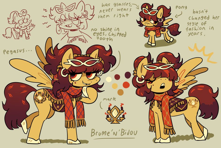 Bit of a dusty lookin' filly, crazy bundled up hair and shadowy bangs, and a real fancy scarf, she's a pegasus, cause pegasus are the most coolest.
Has glasses, never wears them right. No shine in eyes, chipped tooth. Hasn't changed her style of fashion in years. Her cutiemark is a mirror surrounded my small black candles, mostly only makes herself known over the fall, loves the falling leaves and changes of color, quite familiar with doing practical tricks to make it look like she knows magic, master of illusions, she is NOT a unicorn however.

Yeah, I've been watching MLP lately, how can you tell?