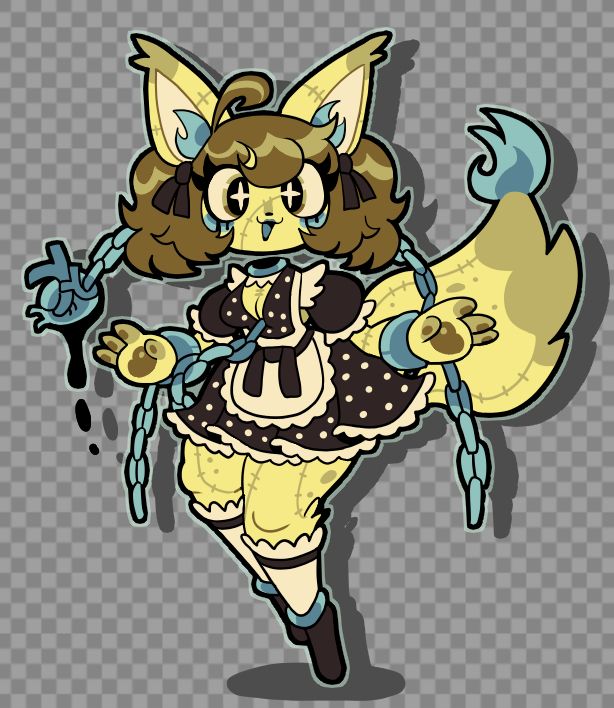Hollow, a ragged slightly diseased corpse... Haunted by the spirit of it's own soul! She's not alive anymore, but, it's still... Her...?
A fox lady shackled in blue glowing flame and chain, wrestled onto a rotting yellow furred body, visibly molding in some places, generally unpleasant physically but she still prances around like she's cute, there aren't many perfumes that compliment the smell of a... corpse.
The maid get-ups cute though, I'll admit.
