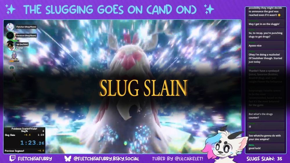 A screencap of Fletch's stream. A Wo-Chien is fainting in the background and the Dark Souls-style text "Slug Slain" is overlaid on top