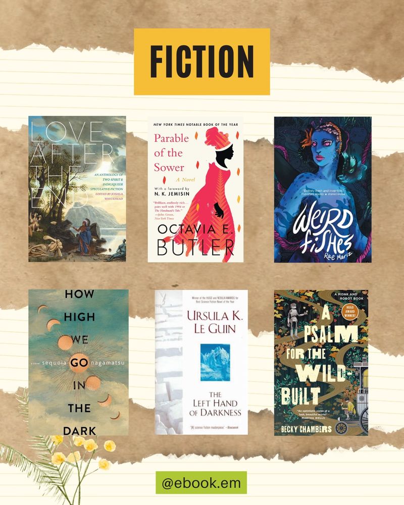 Fiction:

🌼 Love After the End: An Anthology of Two-Spirit and Indigiqueer Speculative Fiction edited by Joshua Whitehead 
🌼 Parable of the Sower by Octavia E. Butler 
🌼 Weird Fishes by Rae Mariz 
🌼 How High We Go In the Dark by Sequoia Nagamatsu 
🌼 The Left Hand of Darkness by Ursula K. Le Guin 
🌼 A Psalm for the Wild-Built by Becky Chambers