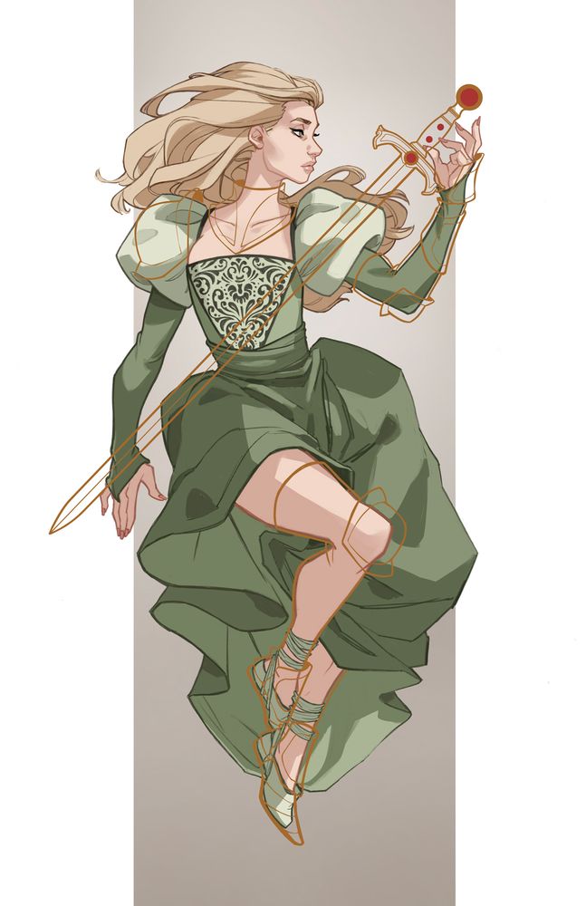 Artwork of a woman in a medieval/fantasy dress, holding the outline of a sword + wearing traces of armor in outline