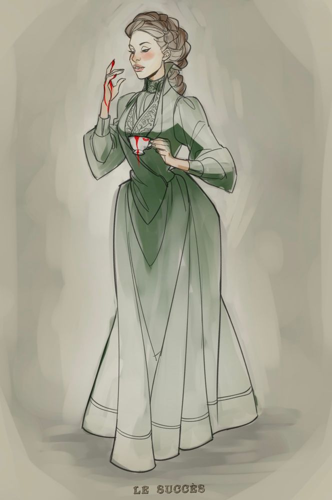 Sketch of a vampire drinking blood out of a tea cup, styled after a Victorian fashion plate