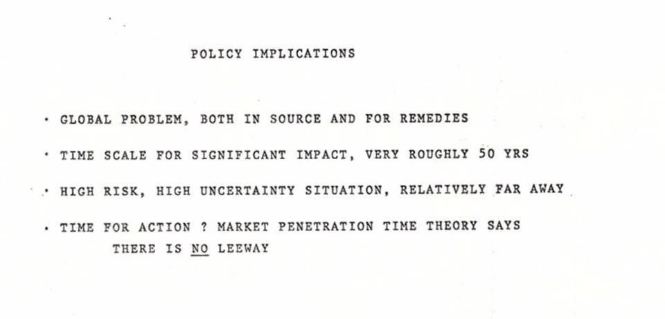 POLICY IMPLICATIONS
• GLOBAL PROBLEM, BOTH IN SOURCE AND FOR REMEDIES
• TIME SCALE FOR SIGNIFICANT IMPACT, VERY ROUGHLY 50 YRS HIGH RISK, HIGH UNCERTAINTY SITUATION, RELATIVELY FAR AWAY
• TIME FOR ACTION? MARKET PENETRATION TIME THEORY SAYS THERE IS NO LEEWAY
