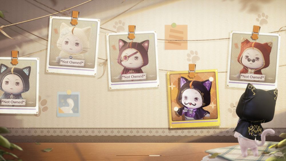 Momo looking at photos of different outfits he can equip