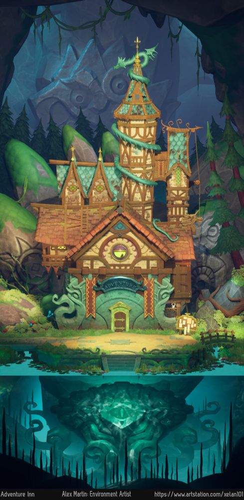 A straight on view of a large building with stone tentacles flanking the doorway. The walls are made of stone, bricks, plaster and wood depending on where you look. The door is framed in gold and above it sits a steel sign that reads "The Adventure Inn" above that sign sits a bright yellow-green eyeball framed in purple and gold metal. The front of the building is topped with wooden shingles, painted red. The back of the building gives way to two towers and a pair of gables with brick and plaster walls and patinaed copper roof tiles. Wrapped around the tallest tower is a copper statue of a dragon and bright green windows framed in copper dot the upper structures. 

Beyond the inn itself are large rounded rocks the closest two of which have been carved. On the left is a eight pointed compass shape with a diamond shape carved in the center. To the right is an unnerving eyeball surrounding by tentacles and a shape that looks like it indicates a mouth or teeth. The rest of the rocks appear naturally occurring and angle away from the building.

Ivy, moss, grasses, flowers, mushrooms and pine trees grow abundantly across the rocks. A dirt landing extends in front of the building with a similiar eight pointed shape in the middle of it. Further out from that sits a stone staircase that descends into a pool of water that surrounds the outside of the dirt landing. A small wooden bridge, overgrown with plant life leads off to the right-hand side over the water.

Below the water line sits a large statue with a single eyeball carved in it's center. the upper portion is shaped like a shallow curve, almost dumpling shaped, while the lower portion spreads into octopus-like tentacles. Most of the elements underwater fade off into the distance into a bright blue color. 

Behind the building are more pine trees standing tall at the mouth of a cave. The cave is dark inside but you can make out the shapes of a huge grinning face carved of stone much deeper into the cavern.