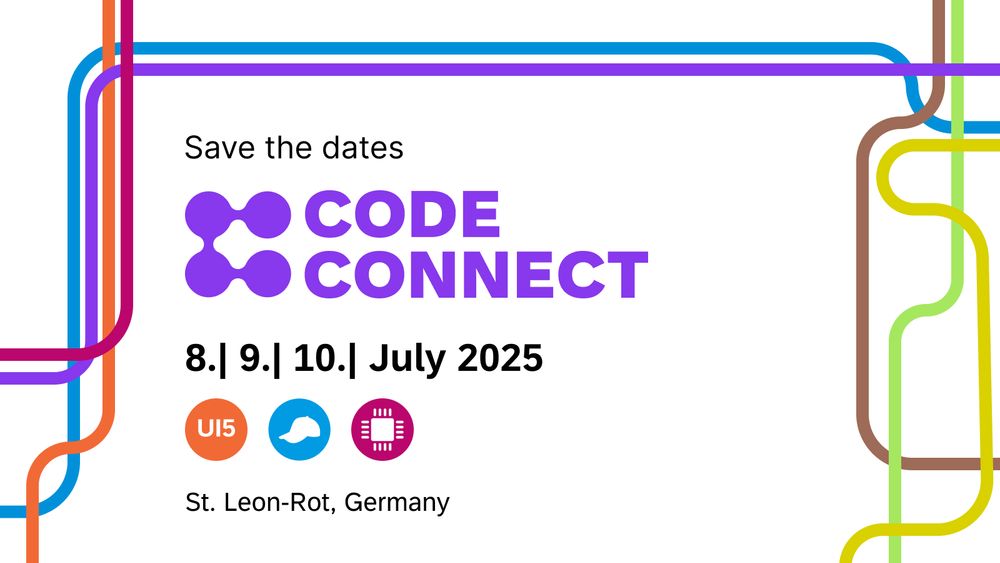 An invitation graphic for Code Connect 2025, held in St. Leon-Rot, Germany from July 8th to 10th. The design showcases the event's logo – two interconnected purple nodes flanking the words "CODE CONNECT" in bold purple text. The dates are clearly displayed, along with three small logos that represent UI5con, reCAP, and HANA Tech Con.  A background of colorful, overlapping lines creates a modern, abstract design.