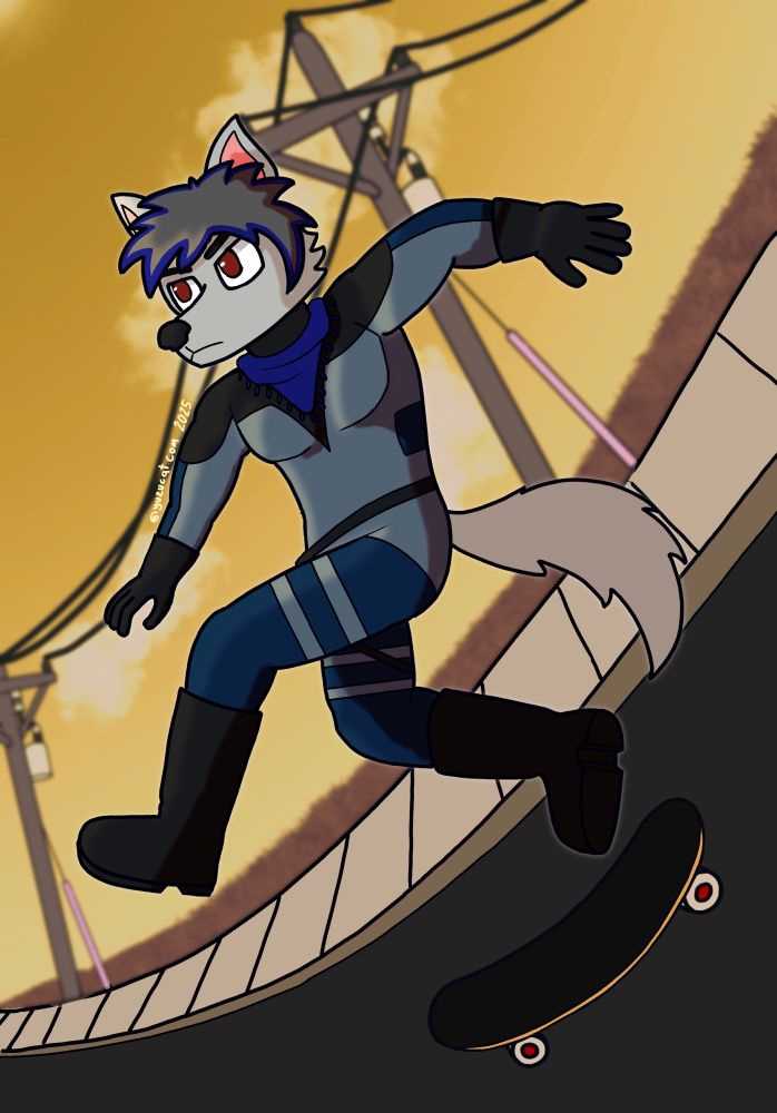 A digital artwork piece of a wolf in a blue spandex suit jumping off of his skateboard as it rolls down a hill.