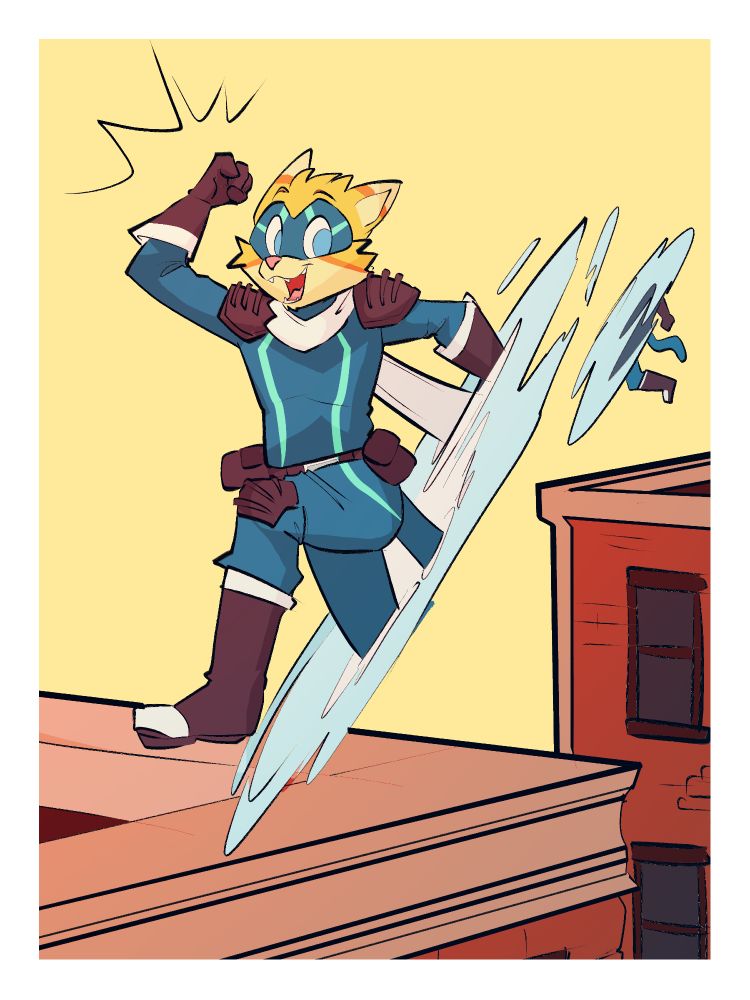 A drawing of a yellow feline superhero in a teal superhero suit using his portal to jump between rooftops!