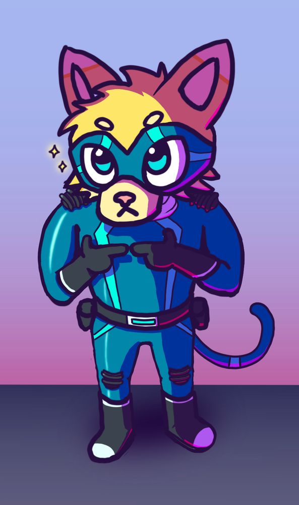 A drawing of a yellow feline superhero with a teal spandex suit looking up at you with cute eyes, being innocent.