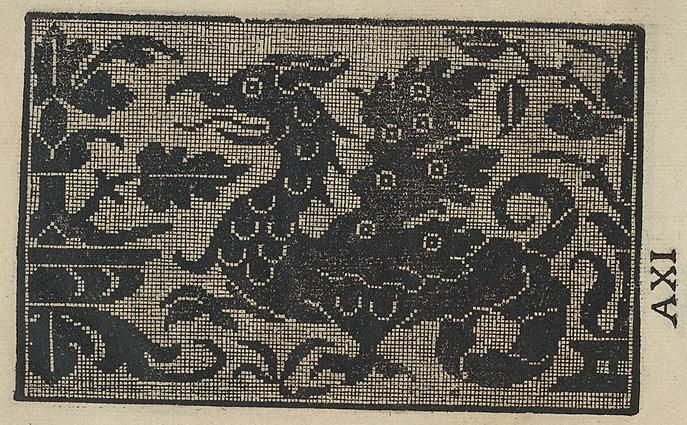A pixel-art-like embroidery pattern of a European dragon from the 1530 book "Esemplario di lauori: che insegna alle done il modo e ordine di lauorare"