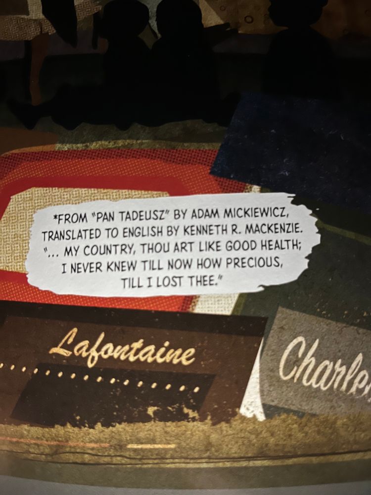 An image from a graphic novel about Marie Curie, depicting books scattered on the floor with a text box saying “from ‘Pan Tadeusz’ by Adam Mickiewicz translated English by Kenneth R. Mackenzie “… my country, thought art like good health; I never knew till now how precious, til I lost thee.” 