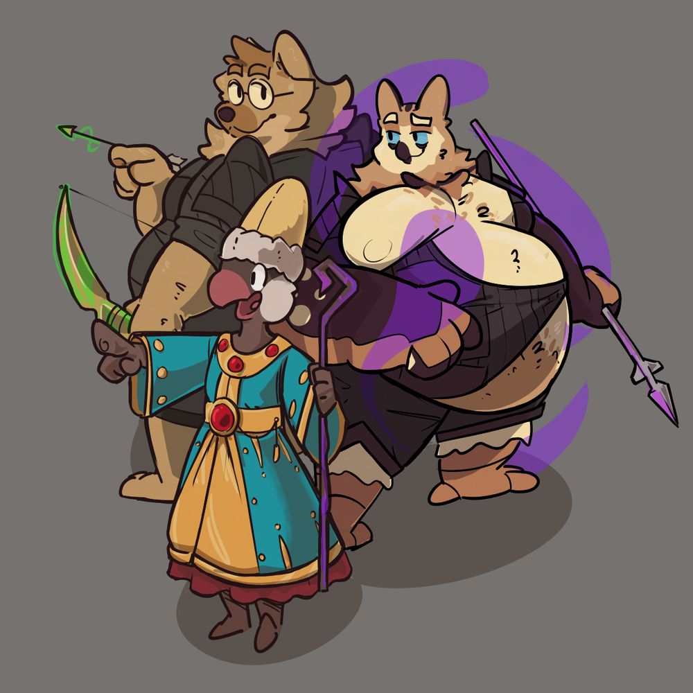 Art depicting 3 characters -- a dog archer in a black garb and glasses with a bow, an owl with torn clothes and a purple aura holding a spear, and a sparrow wearing exquisite clothes holding a stave