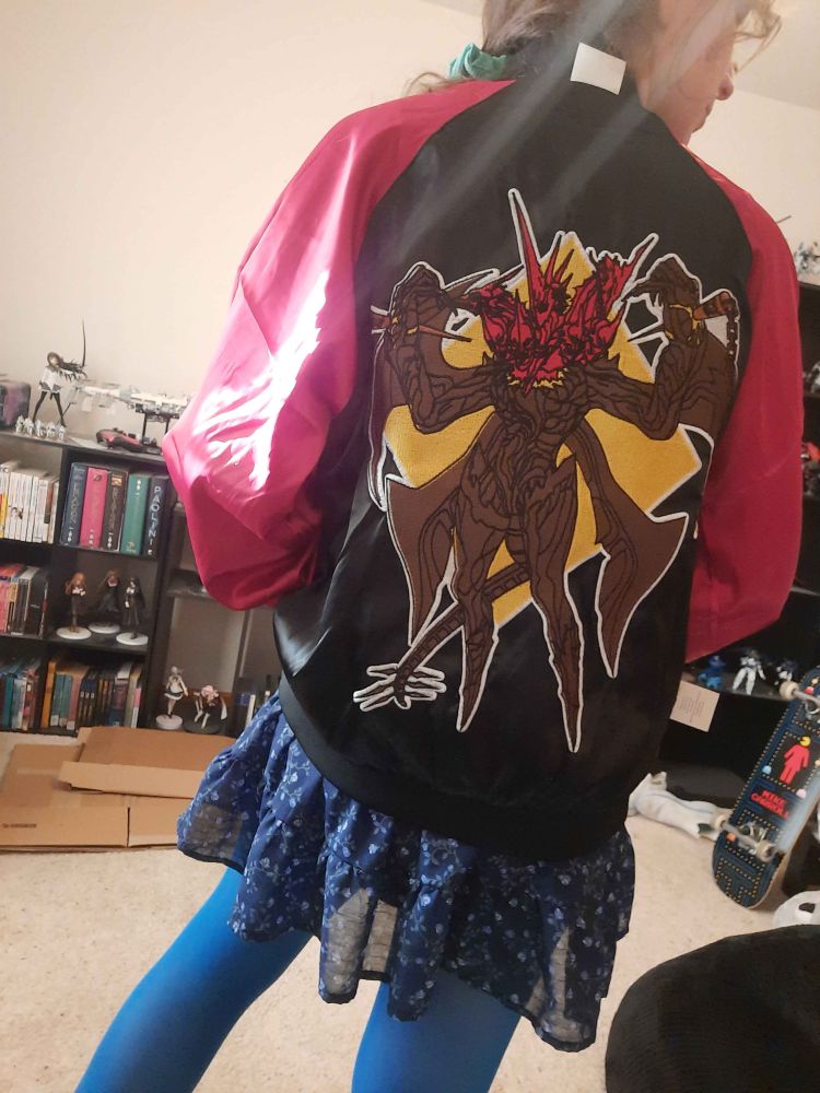The first picture from the back, on the back of the jacket is a large depiction of lucifer from the game Shin Megami Tensei Four