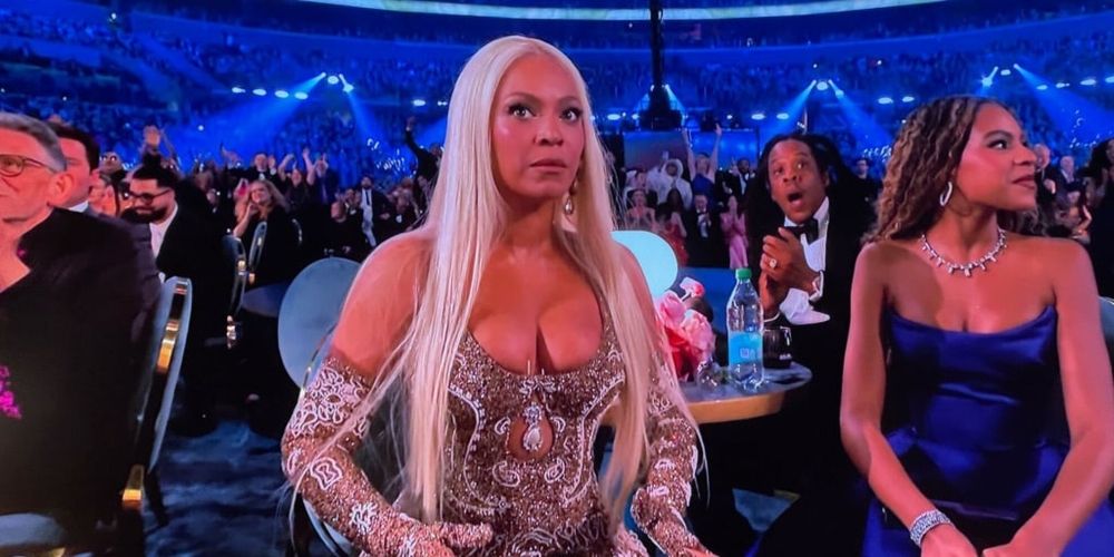 Meme of Beyoncé looking shocked at the Grammy's 2025, when she finally won album of the year
