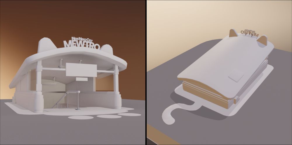 Work in progress shot of a metro station stylised and themed for a game set in a world of cats. The building has big ears and a tail, along with the entrance being shaped like a giant paw.