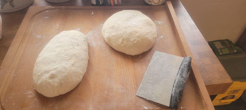 two unbaked loaves, one round, one oblong. they are resting on a wooden board which is on a wooden tabletop. the dough is ready for cold ferment for 24 hours. 