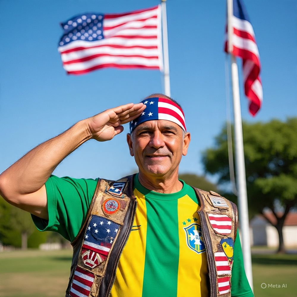 Senhor de meia idade, com camisa da seleção brasileira, prestando continência pra bandeira norte americana.