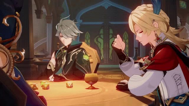 a group of anime characters are sitting around a table with a goblet of wine