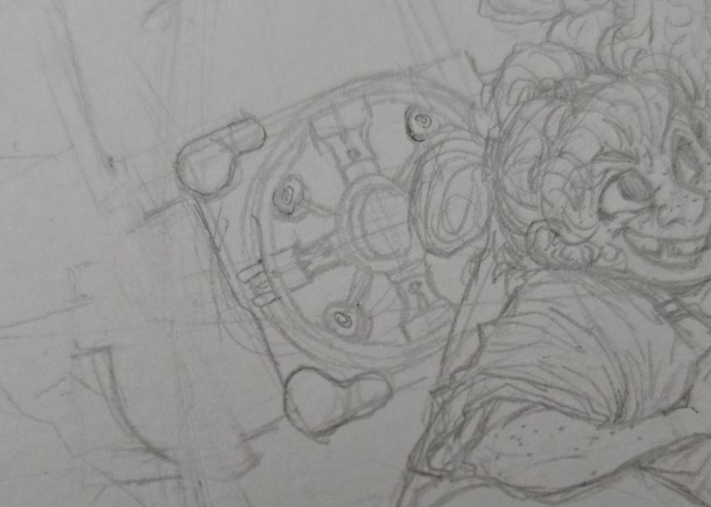 A half finished pencil sketch of Heisenberg's hammer from resident evil village it's an intricate piece of machinery made of randomly combined engine parts and it by the half-backed nature of the sketch you can tell it's kicKI N G MY ASS