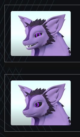 Two avatar thumbnails viewed on the VRChat website. Both are purple anthro snakes in a 3/4 pose, but one is looking straight ahead with a neutral expression and the other is looking side-eyed at the camera and giving a toothy smirk.