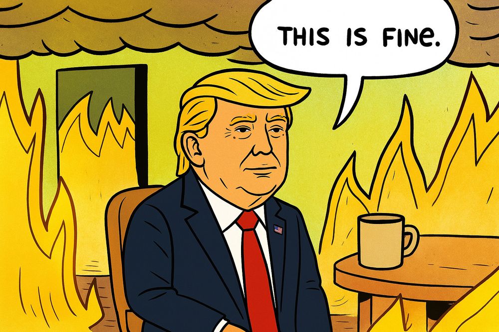 "it's fine" meme with Donald Trump sitting in a room that's on fire, delusionally mumbling "this is fine"