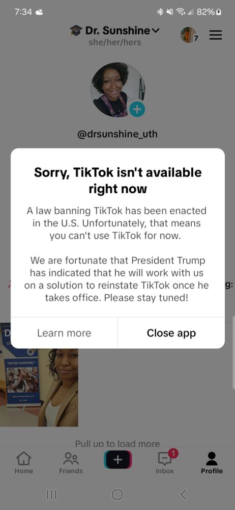 TitTok message regarding the ban, temporarily disabling the app