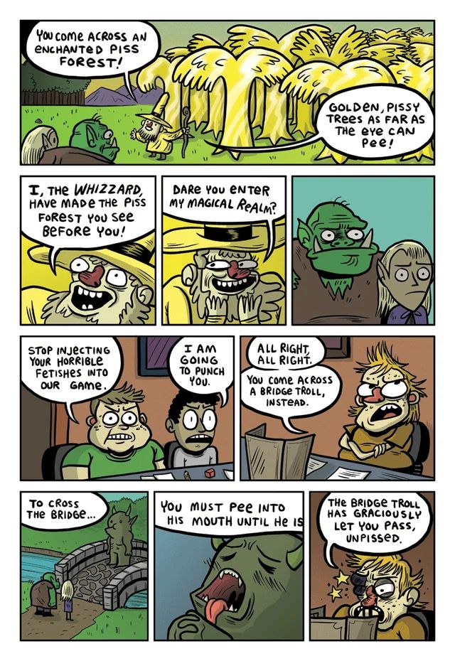A "Gunshow" comic by KC Green featuring "The Whizzard," a D&D NPC obsessed with urine.

https://gunshowcomic.com/471