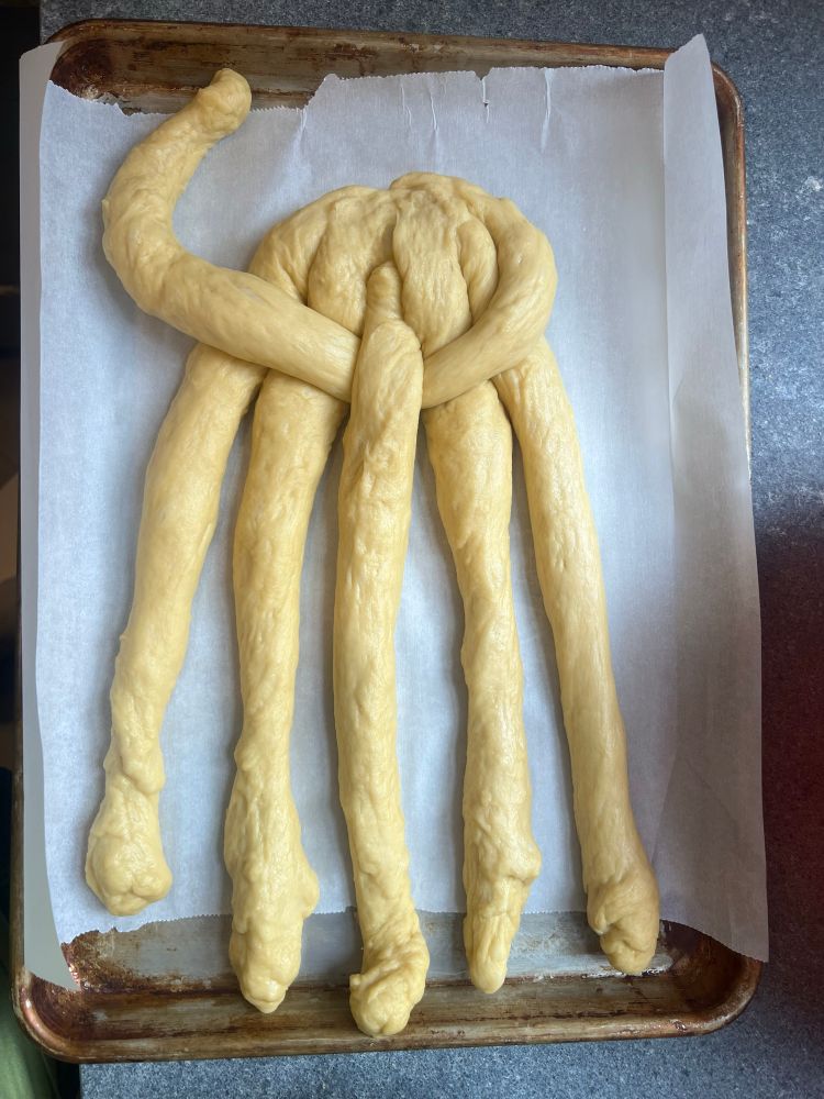 Six strands of challah dough at the beginning of the braiding process sit on parchment paper on a baking tray.