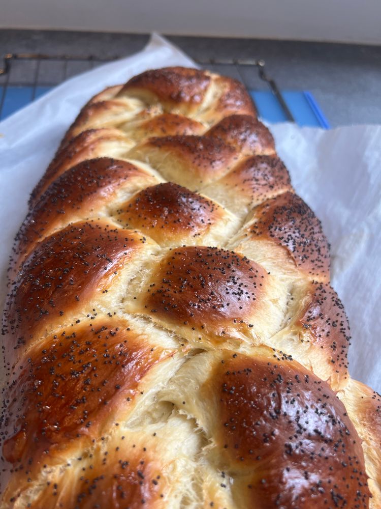 A closeup of a freshly baked six-strand poppyseed challah.