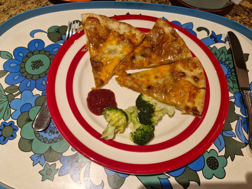 Pizza on Cornishware plate