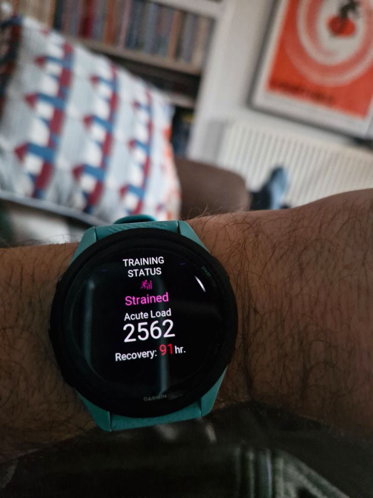 Watch screen showing message:

TRAINING STATUS
Strained
Acute Load 2562 
Recovery: 91hr.
GARMIN