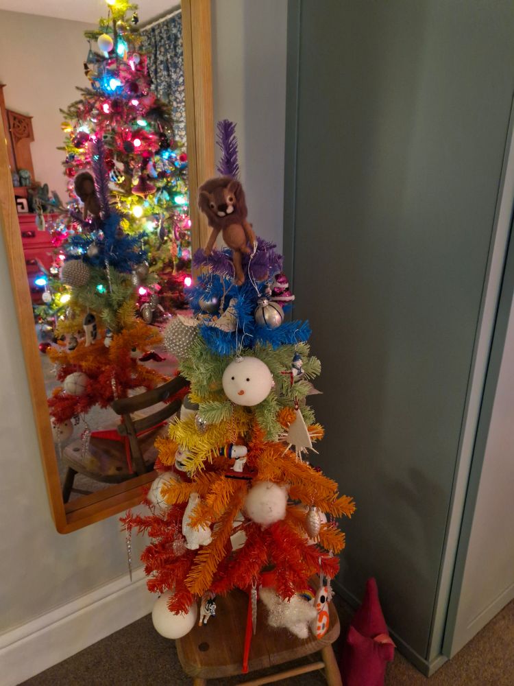 Rainbow hue mini tree decorated with tat. 