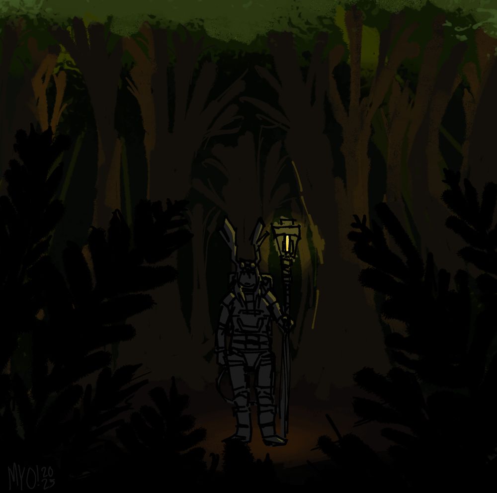 A heavily armored individual with reindeer antlers and a lit staff stands in a dark forest, with ferns in the foreground and trees in the background. Light shines from above, piercing through the canopy of leaves.