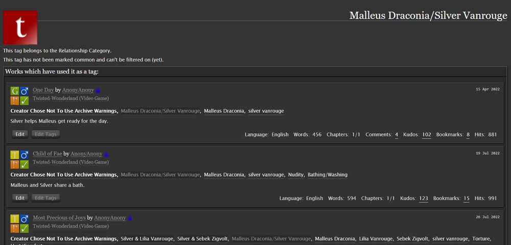 AO3 page for the relationship tag "Malleus Draconia/Silver Vanrouge". The fanfic I (AnonyAnony) have written for this ship is under this tag.