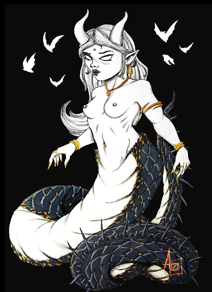 Female demon found in Greek mythology the upper body of a woman, and the lower body of a serpent.
