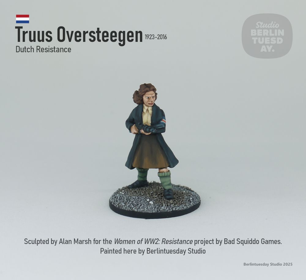 wargame model. model of Dutch resistance fighter Truus Oversteegen from the second world war. She has brown hair and wears an off-white shirt and brown skirt under a heavy dark blue/black overcoat. One one arm is a Dutch Resistance armband. She holds a sten gun.