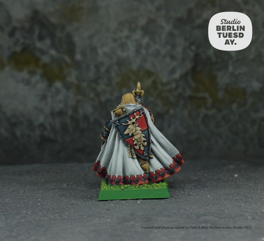 wargame model. back of a bretonnian lord. white cloak with red edging. over the top is his large shield in red and dark blue quartered with a stag-head and grail cup image to it.