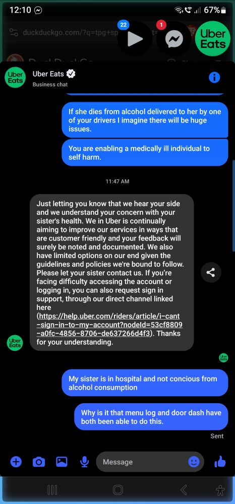 Text of uber refusing to stop alcohol being delivered to a mentally unstable alcoholic. 