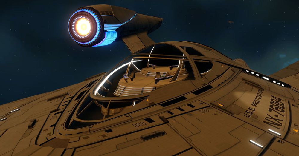 Star Trek Online screenshot - closeup of the USS Protostar's bridge module, complete with a low-poly model of the interior visible through the transparent alumiunium.