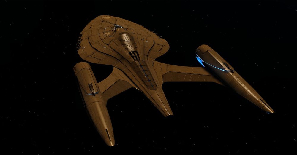 Star Trek Online screenshot - aft/dorsal/port view of the USS Protostar