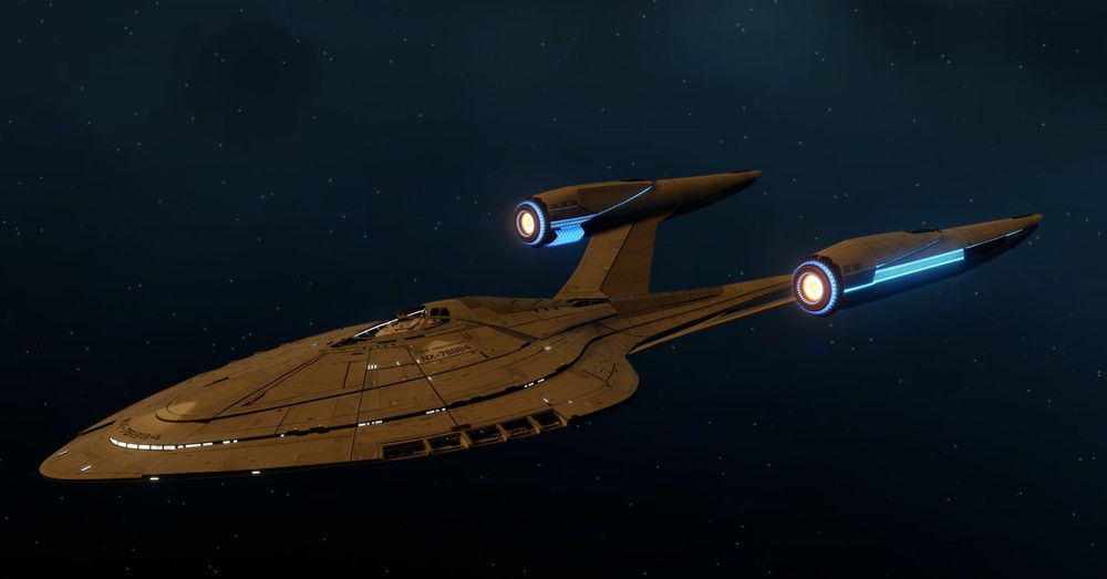 Star Trek Online screenshot - forward/dorsal/port view of the USS Protostar
