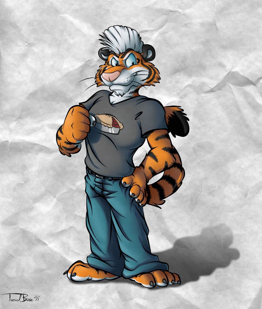 My OC, PunkTiger, an anthropomorphic tiger with a white Mohawk, and wearing blue jeans and a grey “PIE” shirt, stands with his left hand on his hip and his right hand raised slightly in a fist, looks at the viewer with a mischievous expression.