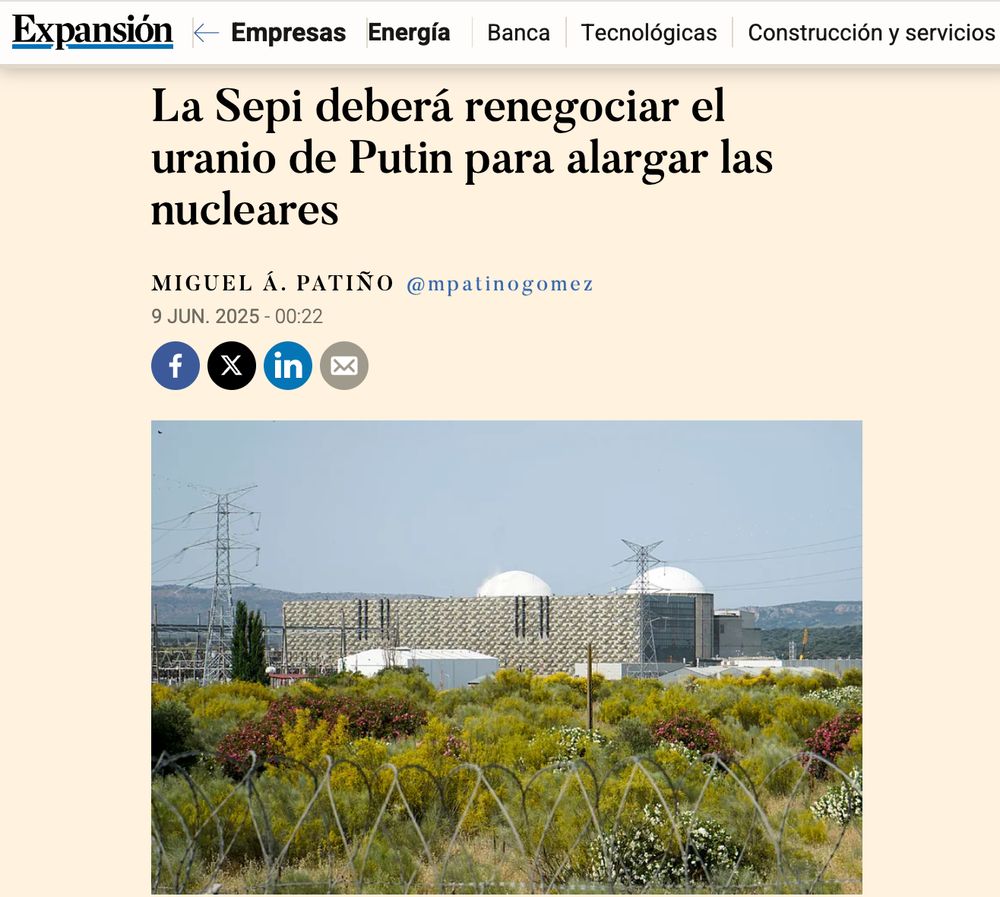Titular del periódico Expansión, con fecha de 9 de junio de 2025. Se lee: "La Sepi deberá renegociar el uranio de Putin para alargar las nucleares". También se muestra una imagen de la central nuclear de Almaraz.