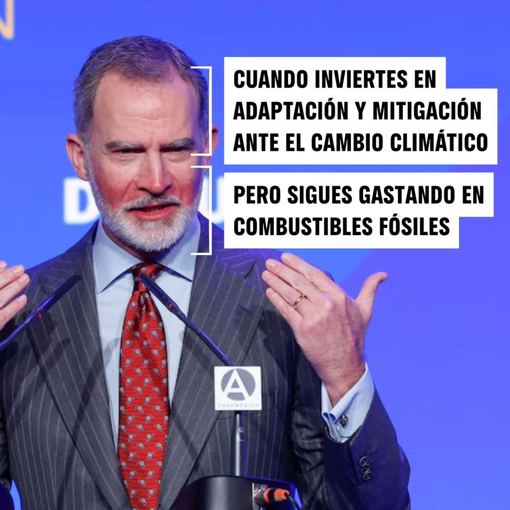 La imagen muestra un plano medio del rey Felipe VI con la mitad inferior de la cara quemada por el sol. Sus manos parecen señalar su rostro. Junto a la fracción blanca de su cara, se lee: CUANDO INVIERTES EN ADAPTACIÓN Y MITIGACIÓN ANTE EL CAMBIO CLIMÁTICO.
Debajo, junto a la parte enrojecida de sus rostros se lee: PERO SIGUES GASTANDO EN COMBUSTIBLES FÓSILES.