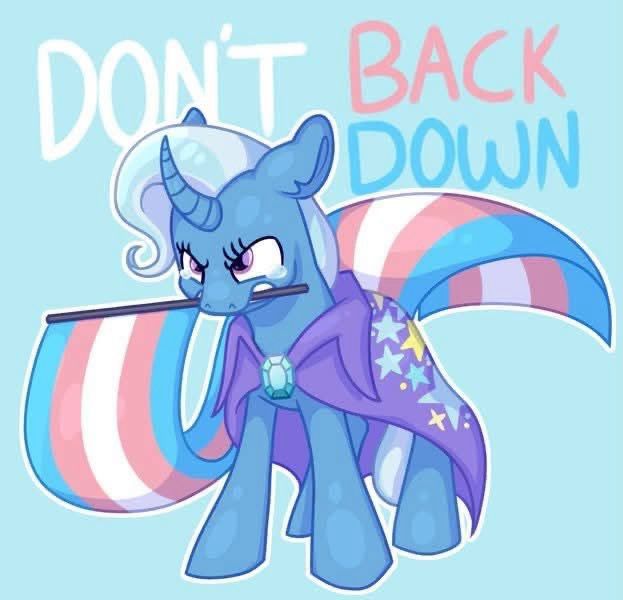 Trixie, a blue and white unicorn from My Little Pony (generation 4) is holding a waving trans flag in her mouth, and looking very determined. Text above reads “Don’t Back Down”.